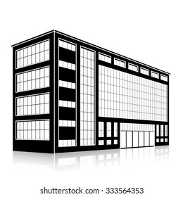 silhouette office building with an entrance and reflection on a white background