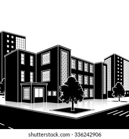 silhouette office building with the entrance and a reflection on the background of the street