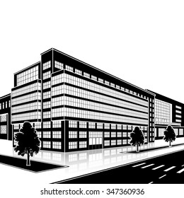 silhouette office building with the entrance and a reflection on the background of the street