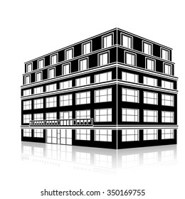 silhouette office building with an entrance and reflection on a white background
