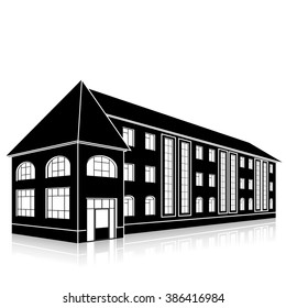 silhouette office building with an entrance and reflection on a white background