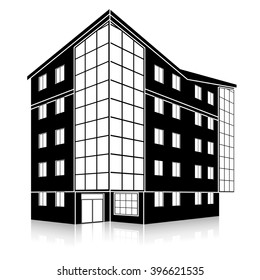 silhouette office building with an entrance and reflection on a white background