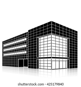 silhouette office building with an entrance and reflection on a white background