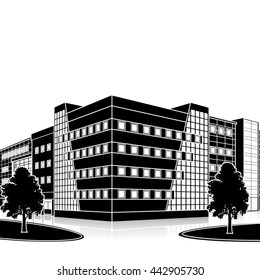silhouette office building with the entrance and a reflection on the background of the street
