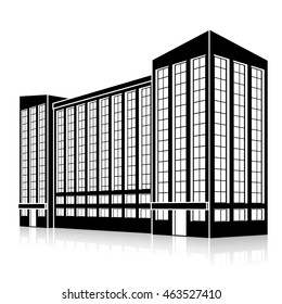 silhouette office building with an entrance and reflection on a white background
