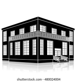 silhouette office building with an entrance and reflection on a white background