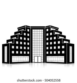 silhouette office building with an entrance and reflection on a white background