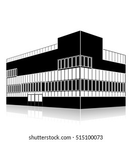 silhouette office building with an entrance and reflection on a white background