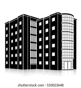 silhouette office building with an entrance and reflection on a white background