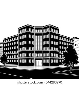 silhouette office building with the entrance and a reflection on the background of the street