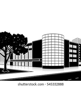 silhouette office building with the entrance and a reflection on the background of the street
