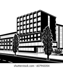 silhouette office building with the entrance and a reflection on the background of the street