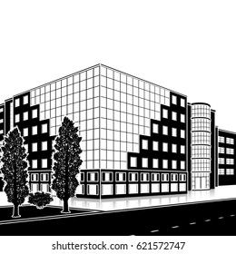silhouette office building with the entrance and a reflection on the background of the street