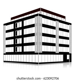 silhouette office building with an entrance and reflection on a white background
