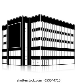 silhouette office building with an entrance and reflection on a white background