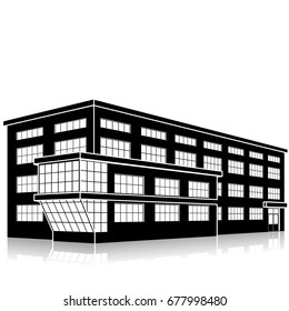 silhouette office building with an entrance and reflection on a white background