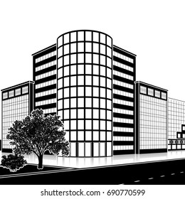 silhouette office building with the entrance and a reflection on the background of the street