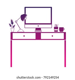 silhouette office desk with lamp and computer screen