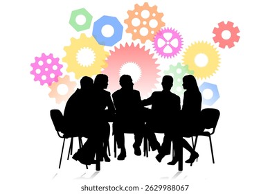 A silhouette of an office meeting with a gears concept