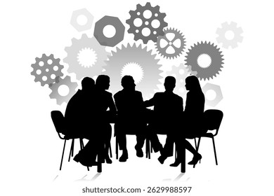 A silhouette of an office meeting with a gears concept