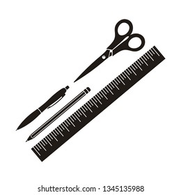 silhouette of office tools vector : scissors, pen, pencil and ruler 