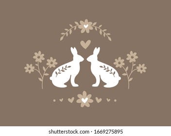Silhouette ofpair of easter bunnies on brown background. White rabbits with an egg in vintage floral frame. Flat, cartoon, scandinavian, retro style, stock vector illustration 