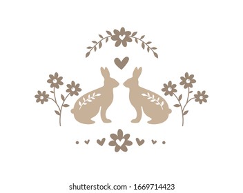 Silhouette ofpair of easter bunnies on white background. Chocolate rabbits with an egg in vintage floral frame. Flat, cartoon, scandinavian, retro style, stock vector illustration 