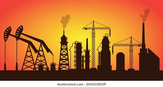 Silueta de la industria del gas de petróleo con química o petroquímica, planta de refinería de petróleo de procesamiento, torre de plataforma, y fábrica de extracción de gas de petróleo, Ilustración vectorial.