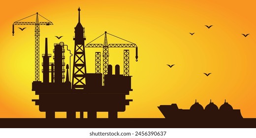 Silhouette of oil gas industry with chemical or petrochemical.Oil well and rig, extraction production and transportation oil, fuel and petrol in tankers, ships. Water rig drilling platform background.