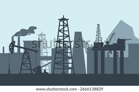 Silhouette of oil landscape. Oil production and processing. Business. Branch of economy.