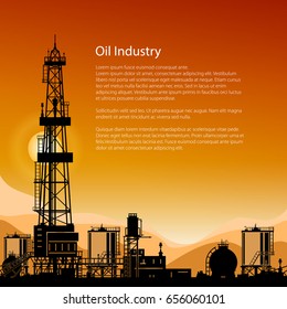 Silhouette Oil or Natural Gas Drilling Rigs on a Background of Mountains at Sunset, Flyer Drilling Platform with Outbuildings and Tanks and Cisterns , Poster Brochure Design, Vector Illustration