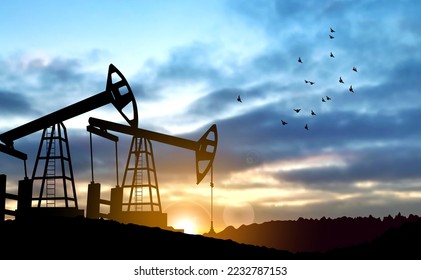 Silhouette of Oil pump. Industrial machine for petroleum on background of sunset. EPS10 vector