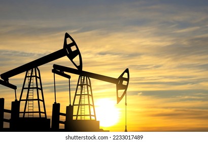 Silhouette of Oil pump. Industrial machine for petroleum on background of sunset. EPS10 vector