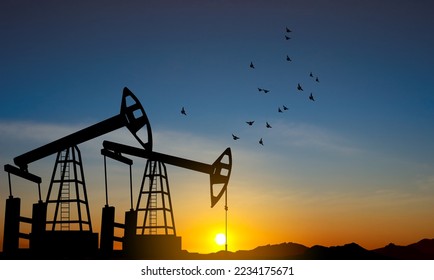 Silhouette of Oil pump. Industrial machine for petroleum on background of sunset. EPS10 vector