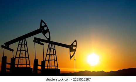 Silhouette of Oil pump. Industrial machine for petroleum on background of sunset. EPS10 vector