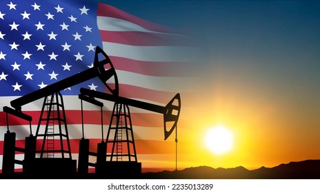 Silhouette of Oil pump. Industrial machine for petroleum on background of sunset. USA Oil Industry concept. EPS10 vector