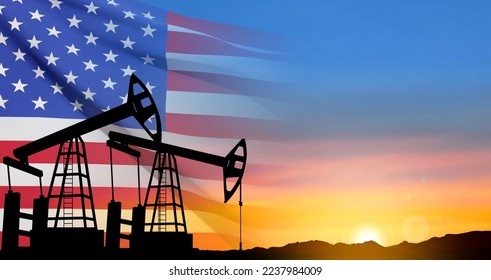 Silhouette of Oil pump. Industrial machine for petroleum on background of sunset. USA Oil Industry concept. EPS10 vector