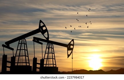 Silhouette of Oil pump. Industrial machine for petroleum on background of sunset. EPS10 vector