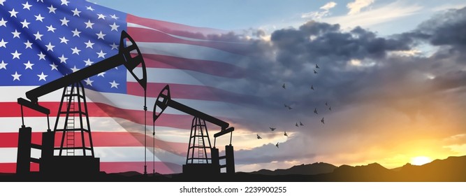 Silhouette of Oil pump. Industrial machine for petroleum on background of sunset. USA Oil Industry concept. EPS10 vector