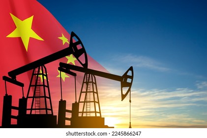 Silhouette of Oil pump. Industrial machine for petroleum on background of sunset. China Oil Industry concept. EPS10 vector