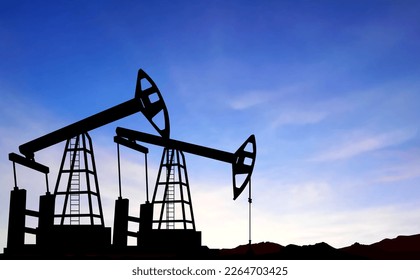 Silhouette of Oil pump. Industrial machine for petroleum on background of sunset. EPS10 vector