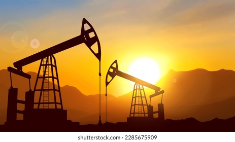 Silhouette of Oil pump. Industrial machine for petroleum on background of sunset. EPS10 vector