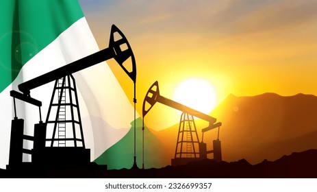 Silhouette of Oil pump. Industrial machine for petroleum on background of sunset. Nigeria Oil Industry concept. EPS10 vector