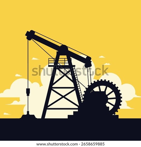 Silhouette of an oil pump jack operating in the countryside under a bright yellow sky filled with clouds