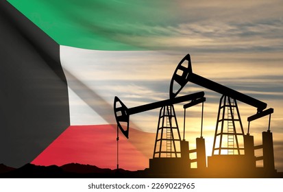 Silhouette of Oil pump on background of flag of Kuwait against the sunset or sunrise. Kuwait Oil Industry concept. EPS10 vector