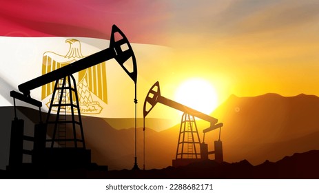 Silhouette of Oil pump on background of flag of Egypt against the sunset or sunrise. Egypt Oil Industry concept. EPS10 vector