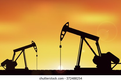  Silhouette Oil pumps at oil field with sunset sky background (vector)