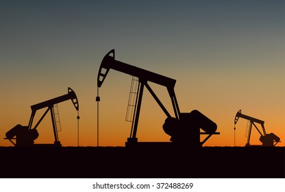  Silhouette Oil pumps at oil field with sunset sky background (vector)