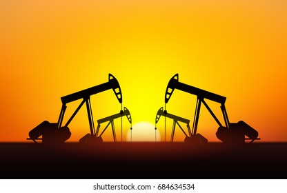  Silhouette Oil pumps at oil field with sunset sky background