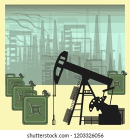 Silhouette of an oil rig with fuel canisters against the background of silhouettes of plants. Vector illustration